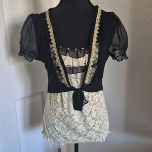 Black & Cream Lace Tie-Front Blouse with Puff Sleeves